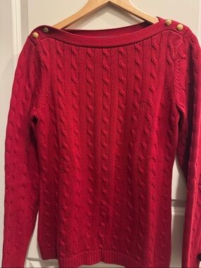 Lauren Ralph Lauren Red Cable-Knit Off-the-Shoulder Sweater with Gold Buttons